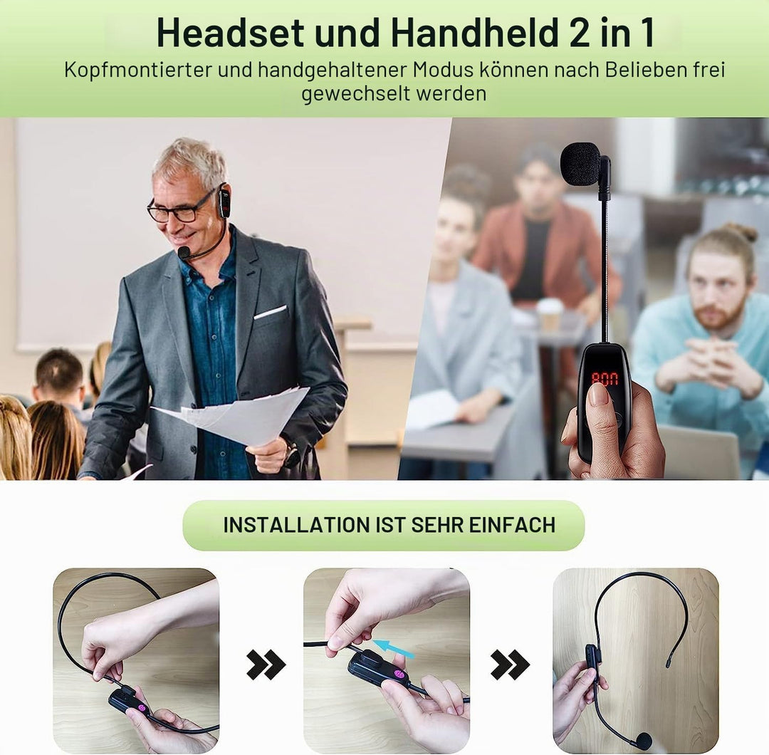 Wireless Mikrofon Headset,UHF Duale Kabellose Mikrofone mit LED Digitalanzeige, Wiederaufladbares Dr