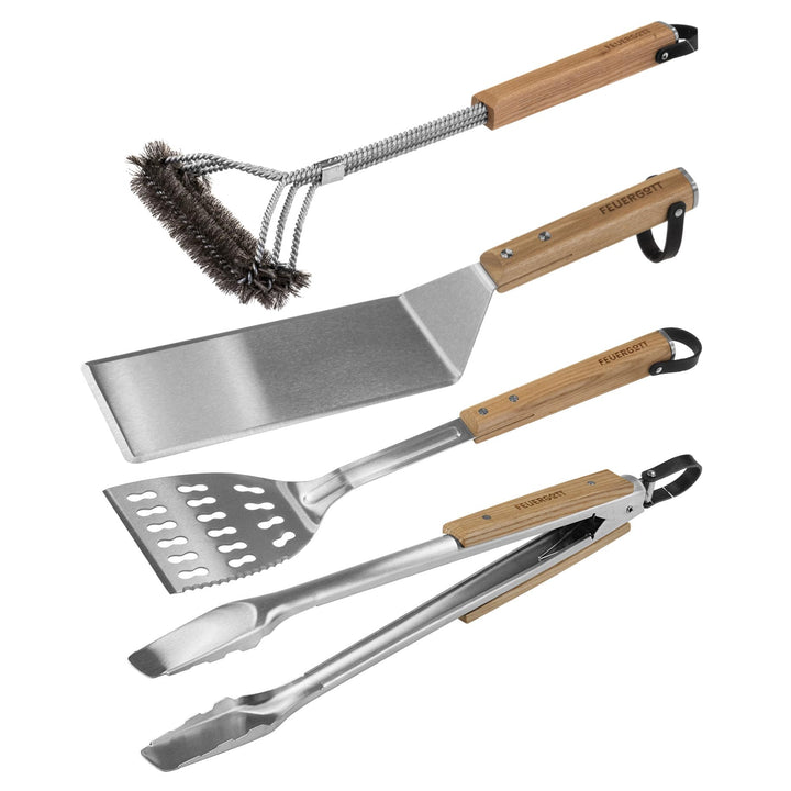 FEUERGOTT Grillbesteck-Set 4 Teile Edelstahl, Zedernholz, Lederschlaufen, Grillbesteck mit Grillzang
