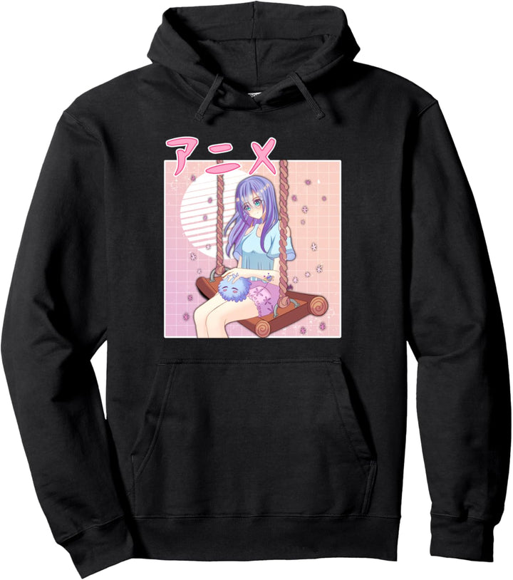 Anime Girl Retro Japanese Vaporwave Aesthetic Pink Pullover Hoodie