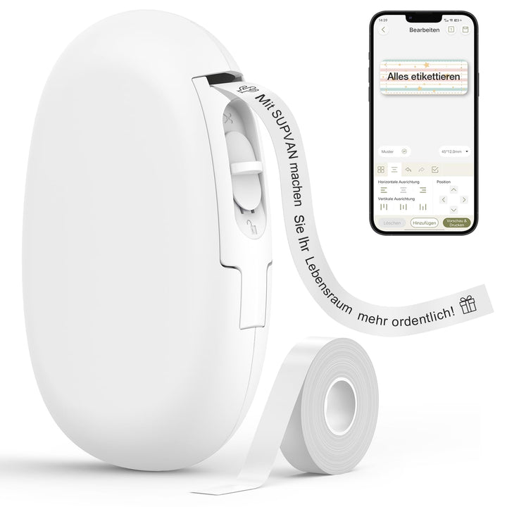 SUPVAN E10 Etikettiergerät, selbstklebend, Bluetooth, tragbar, kompatibel mit iOS und Android Weiss,
