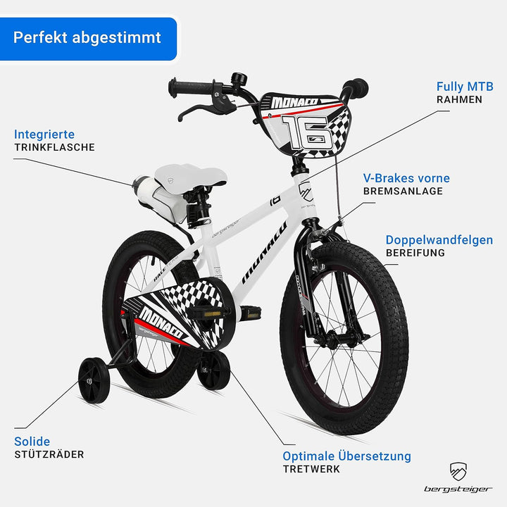 Bergsteiger Monaco 16 Zoll Kinderfahrrad, geeignet für 4, 5, 6 Jahre, BMX, Stützräder, Rücktrittbrem