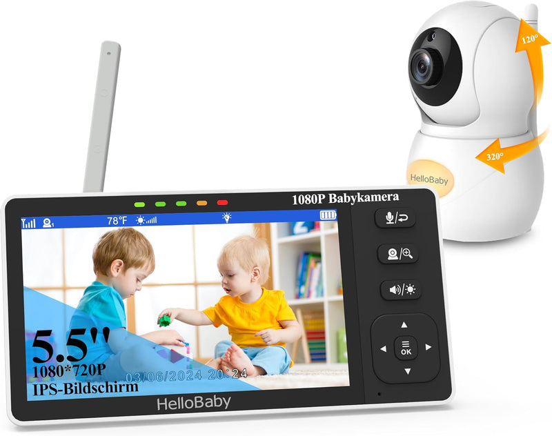 HelloBaby Babyphone mit Kamera, 5,5 Zoll Geteilter 720P Bildschirm,ohne WLAN, 320° Schwenken-120° Ne