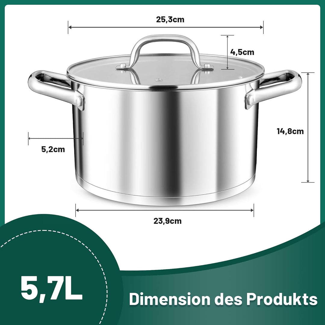 TEAMFAR Kochtopf 24cm, 5,7L Gross Edeastahl Topf Nudeltopf Induktion mit 3-Lagen Boden für alle Herd