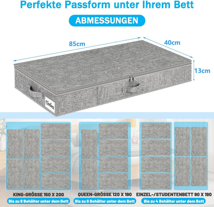 Unterbett Aufbewahrungsbox mit Deckel 13cm hoch, 2 Stück Faltbar Unterbettkommode, Waschbar Kleidera
