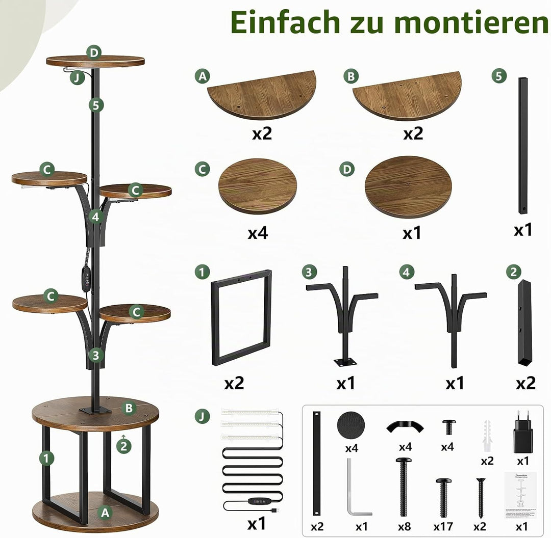 Pflanzenständer mit Wachstumslicht 7 Ebenen, Blumenständer Holz Metall für Innen &amp; Balkon, Pflanzenr