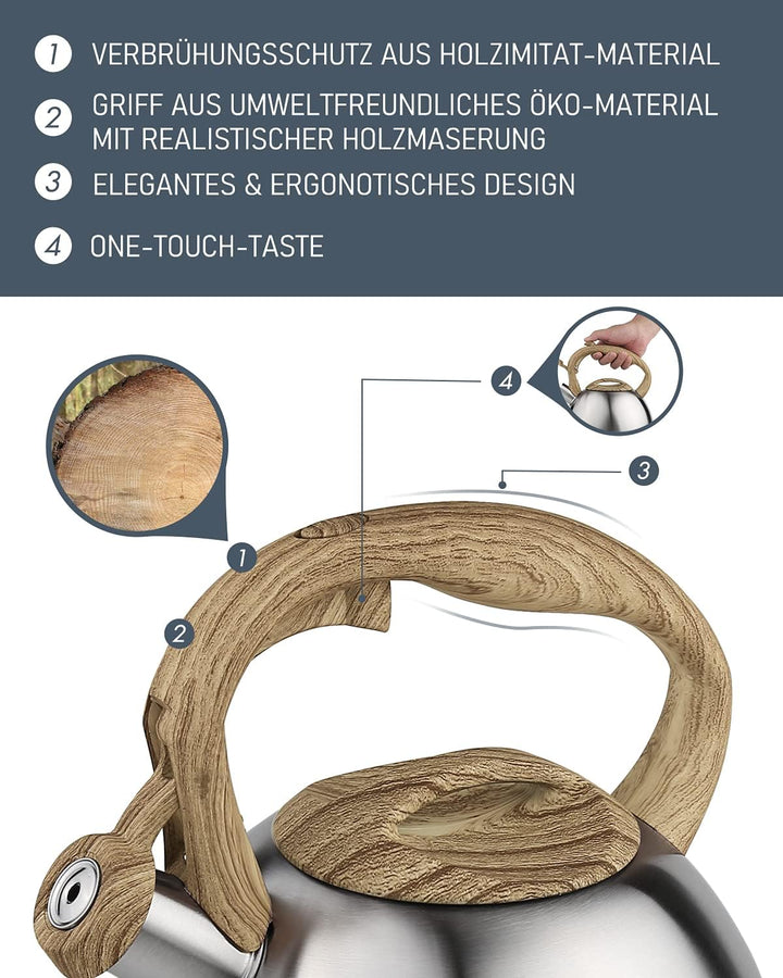 Poliviar Wasserkessel Induktion, Teekessel Induktion Edelstahl Pfeifkessel, Teekessel für alle Kochp