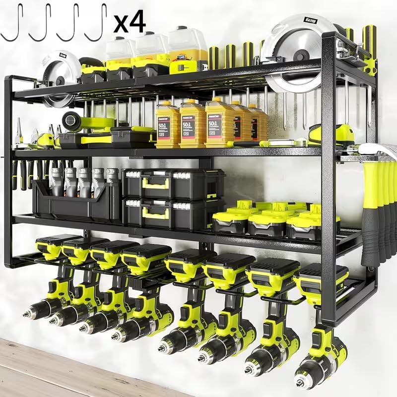 4-tier electric tool storage rack, heavy-duty metal shelf, wall-mounted garage organizer with slots