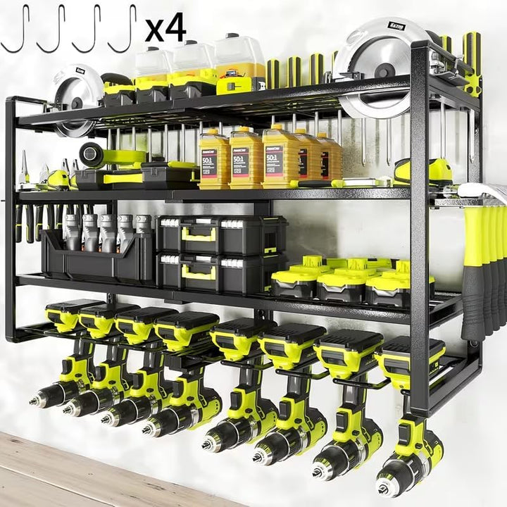 4-tier electric tool storage rack, heavy-duty metal shelf, wall-mounted garage organizer with slots