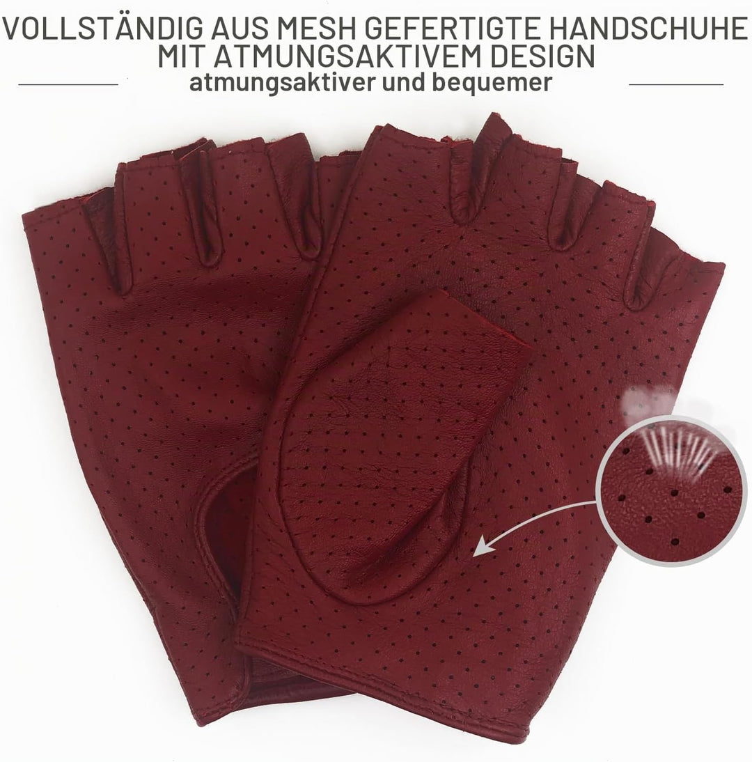 ZLUXURQ Damen-Lederhandschuhe Vollmaschige Fingerlose Halbfinger-Fahrhandschuhe X-Large-8" Rot, X-La