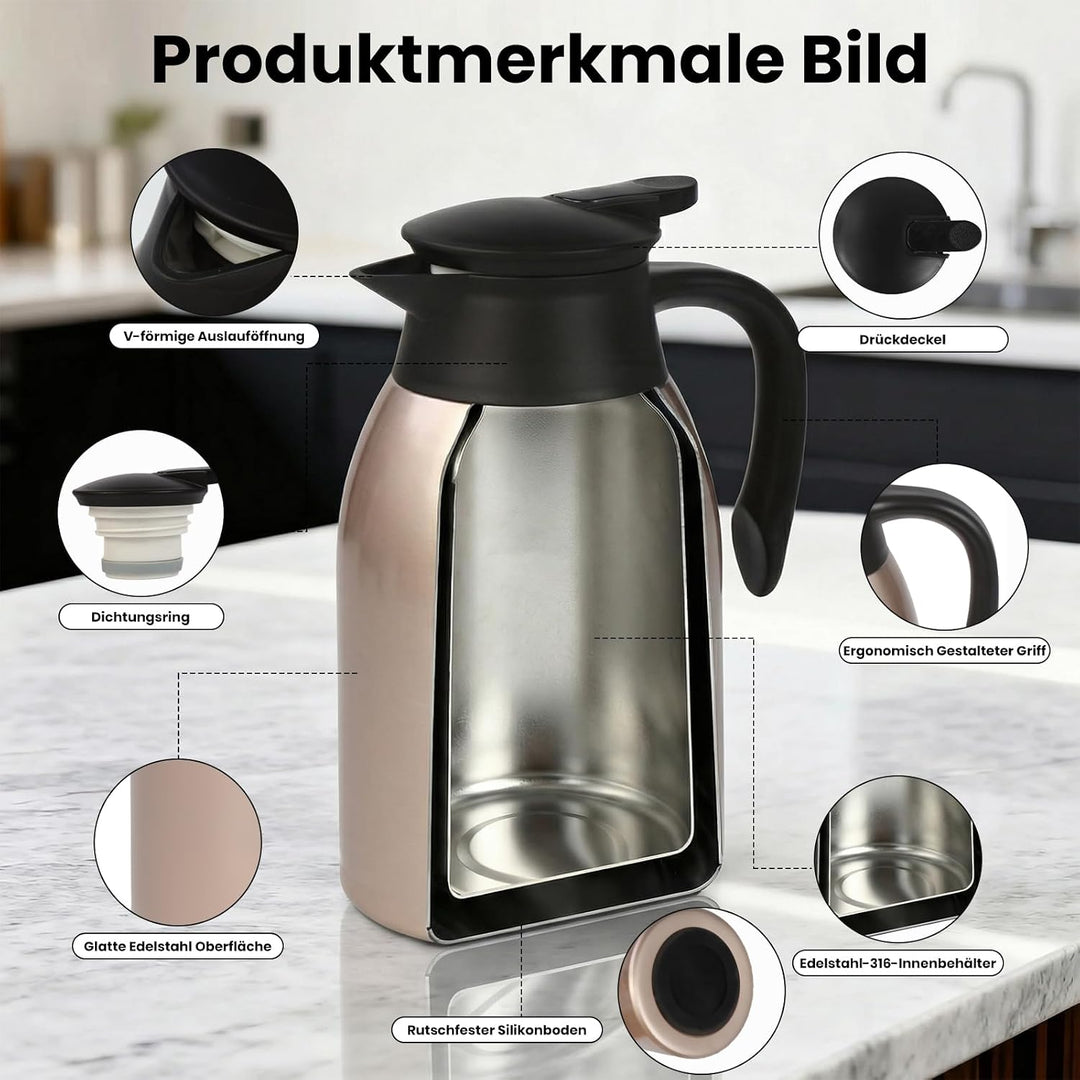 Thermoskanne 2L, Doppelwandige 316 Edelstahl Kaffeekanne, Vakuum Isolierkanne 24h Warmhalten, Für Ka