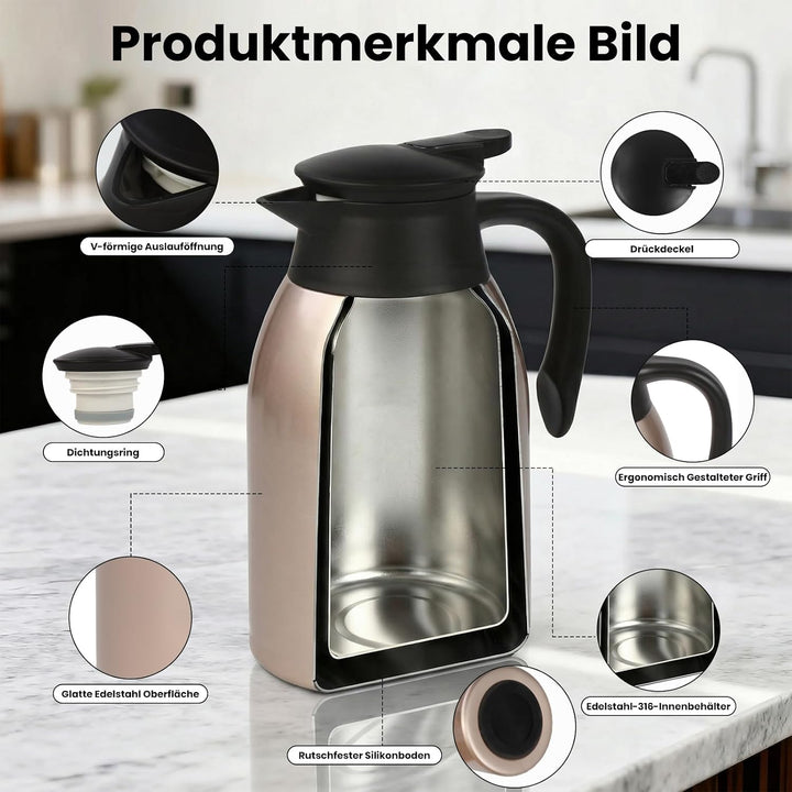 Thermoskanne 2L, Doppelwandige 316 Edelstahl Kaffeekanne, Vakuum Isolierkanne 24h Warmhalten, Für Ka