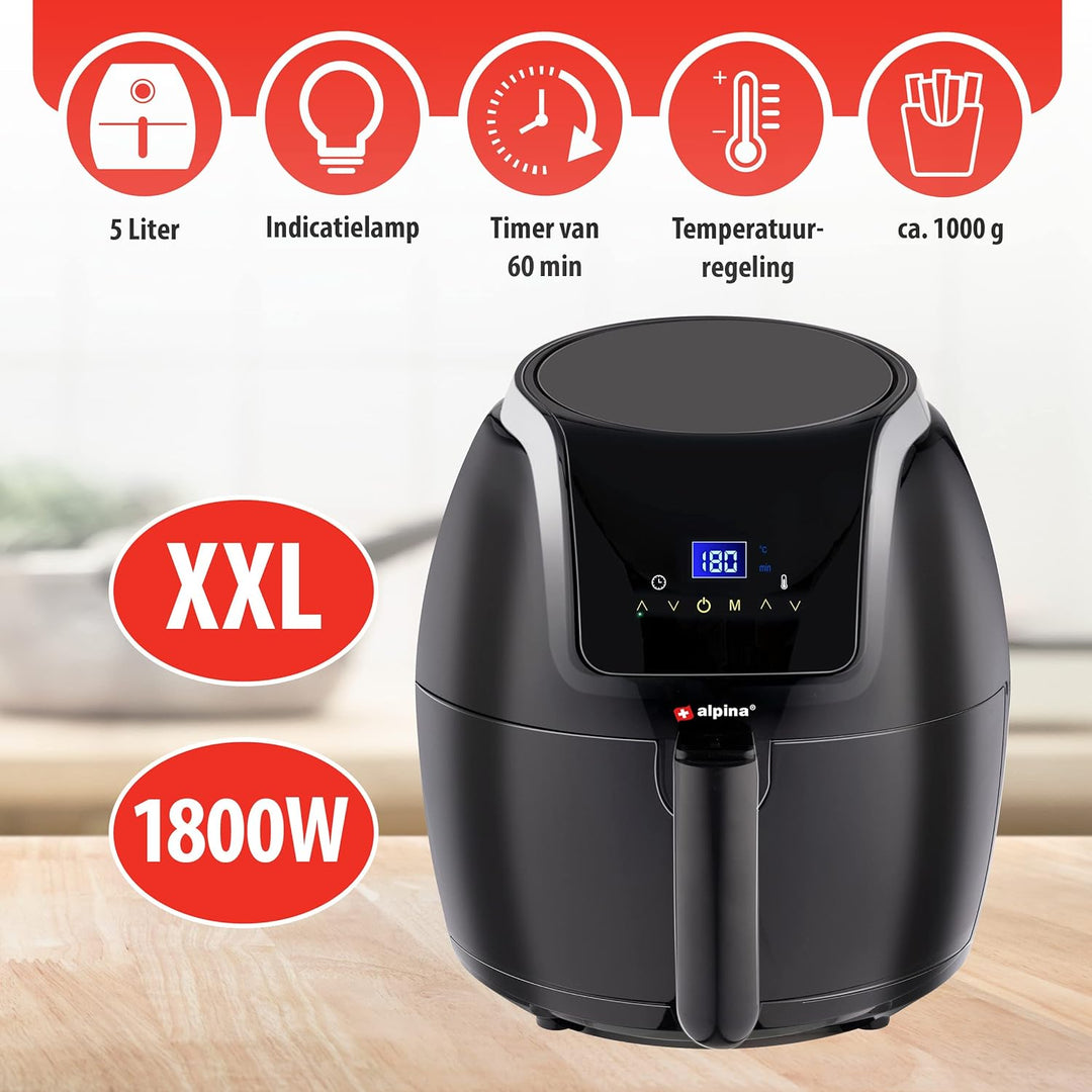 alpina Heissluftfritteuse - 5 Liter - 230V - Airfryer - Digitaler Touchscreen - Huhn, Gemüse, Brot,