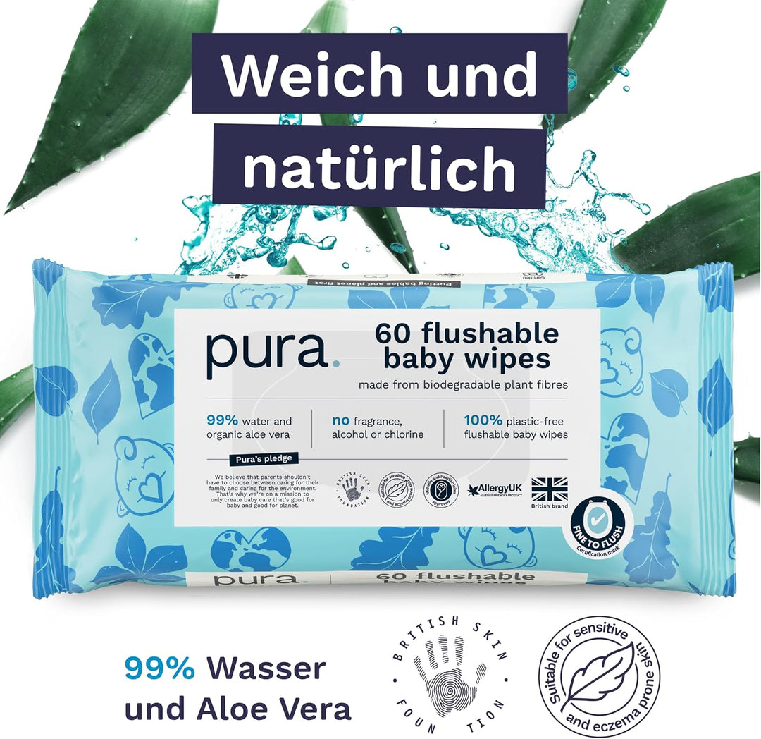Pura Spülbare Öko-Baby-Feuchttücher für empfindliche Babyhaut, 180 Tücher (3 x 60 Tücher), 99% Wasse