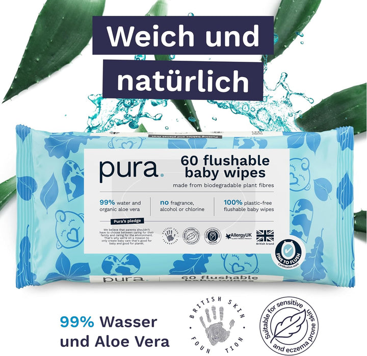 Pura Spülbare Öko-Baby-Feuchttücher für empfindliche Babyhaut, 180 Tücher (3 x 60 Tücher), 99% Wasse