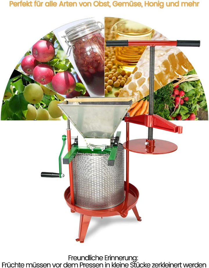 Spindel Obstpresse Apfelpresse Fruchtpresse 14 L aus Edelstahl mit T-Griff für Selbst Gemachten Natü