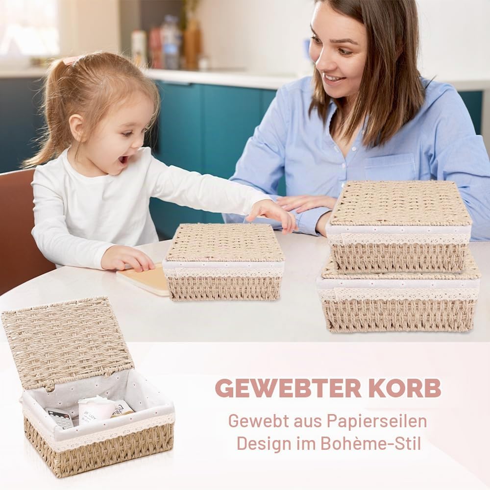 Aufbewahrungskorb mit Deckel 3er Set,Handgeflochtener Korb mit Deckel aus Ökomaterial für Bad &amp; Wohn