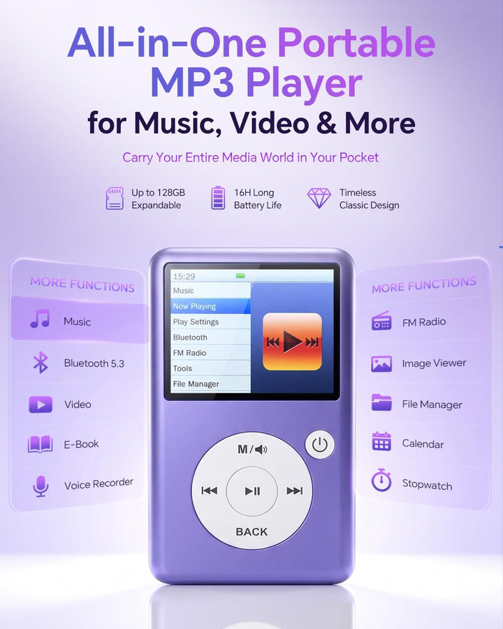 MP3 Player Bluetooth 5.3 mit Video, Hörbüchern, FM Radio und Touch Wheel