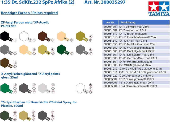 TAMIYA 300035297 - 1:35 WWII Deutsche Sonderkraftfahrzeug 232 SpPz Afrika (2), Braun, Schwarz