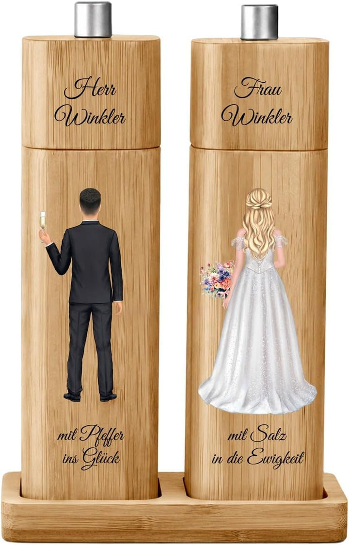 Maverton Bambus Salz und Pfeffermühle mit Aufdruck - Hochzeitsgeschenke für Brautpaar - personalisie