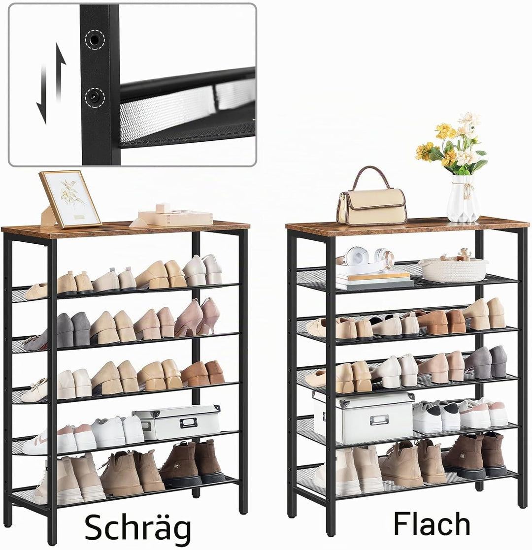 HOOBRO Schuhregal, 6-lagiges Schuhschrank, Verstellbares Schuhablage, Flach und Neigbar, für 18-24 P