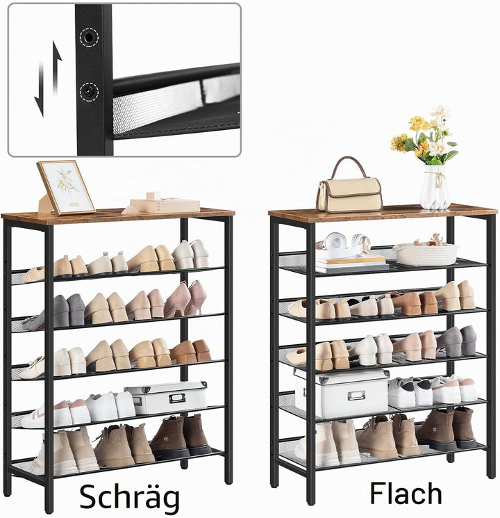 HOOBRO Schuhregal, 6-lagiges Schuhschrank, Verstellbares Schuhablage, Flach und Neigbar, für 18-24 P