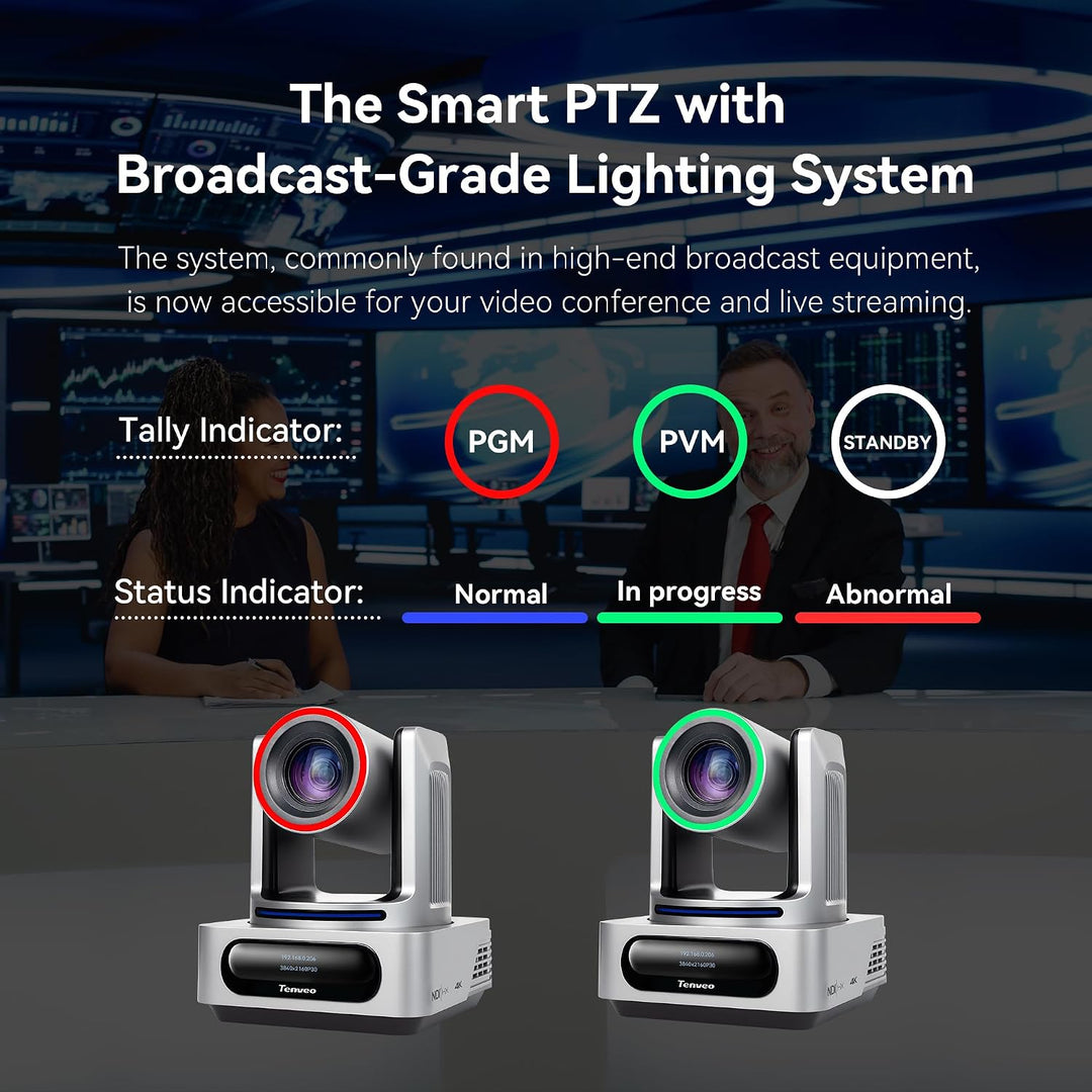 Tenveo 4K NDI PTZ‑Kamera: KI‑Tracking (Person/Gesicht), Gestensteuerung, 20x Opt. + 8X dig. Zoom, Li