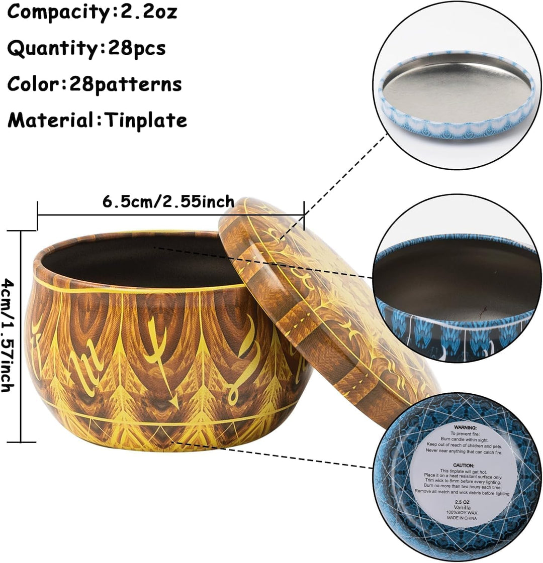 Malloom 28 Stück Bunte Kerzendosen, 2,2 oz Runde Zodiac-Kerzenbehälter mit Deckeln, Leere Runde Dose
