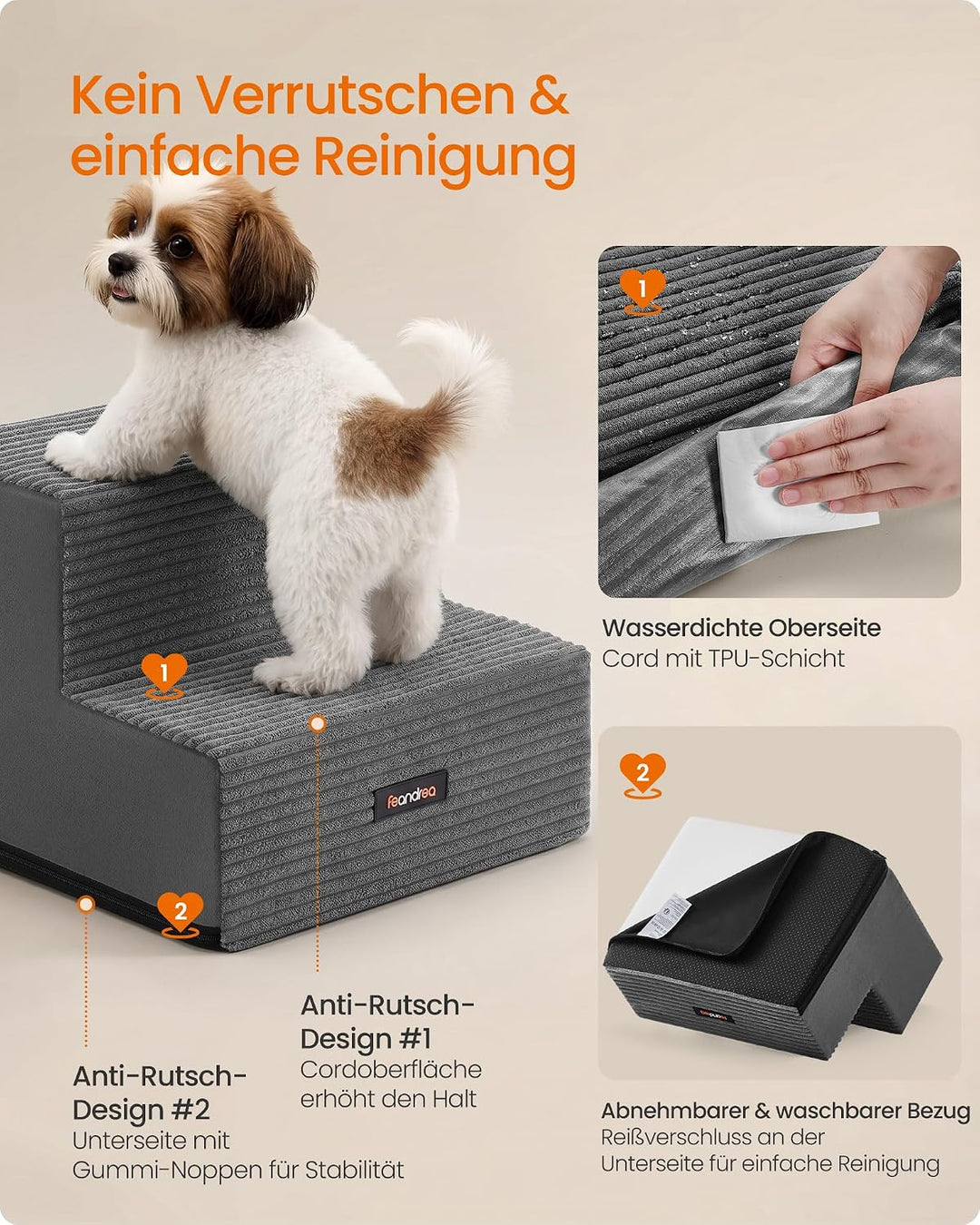 Feandrea Hundetreppe, 2 Stufen, aus Schaumstoff, 30 x 38 x 28 cm Bleigrau 2 Stufen (30T cm), Bleigra