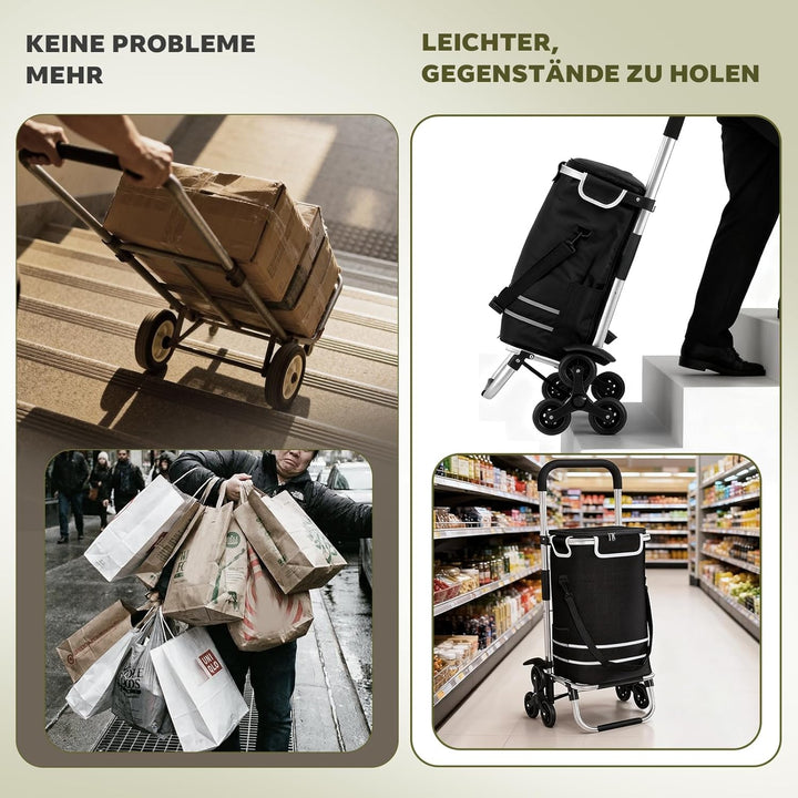 Treppensteiger Einkaufstrolley, 56L Faltbar, Wasserdicht, mit Kühlfach, Universalräder, 40kg Belastb