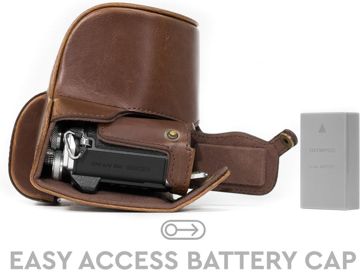 MegaGear Ever Ready Leder Kameratasche mit Trageriemen kompatibel mit Olympus OM-D E-M10 Mark II, E-