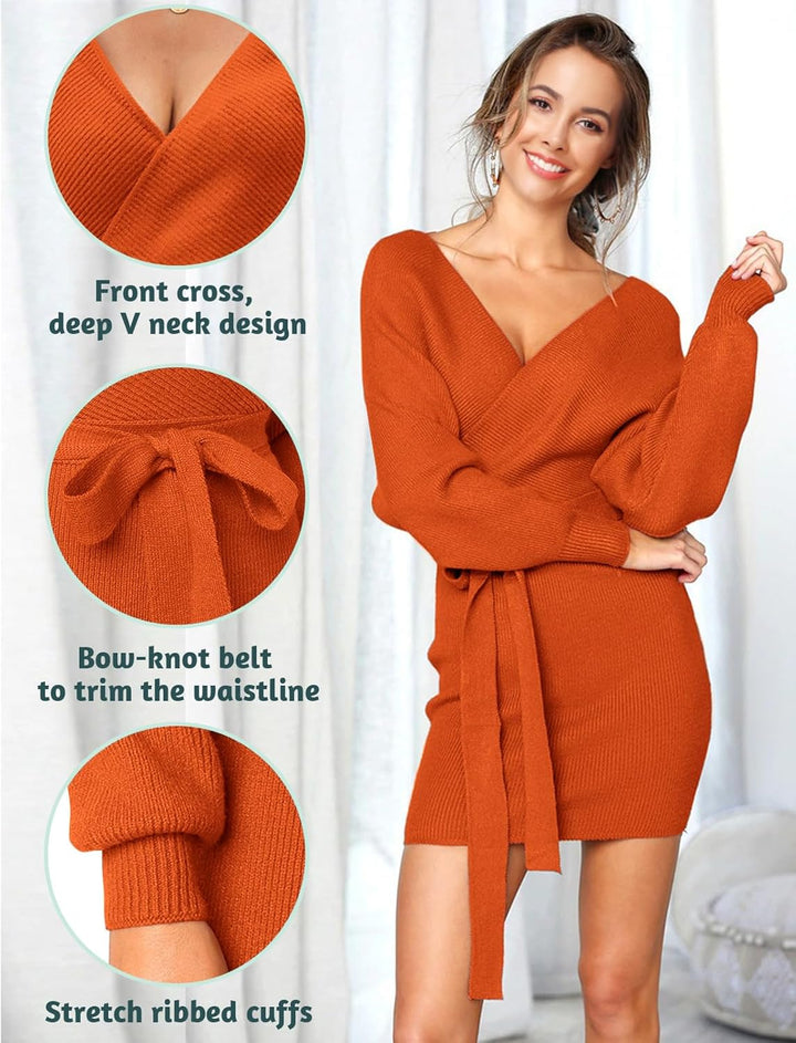 Vancavoo Strickkleid Damen Pulloverkleid V-Ausschnitt Elegant Langarm Pullover Winterkleid Strickpul