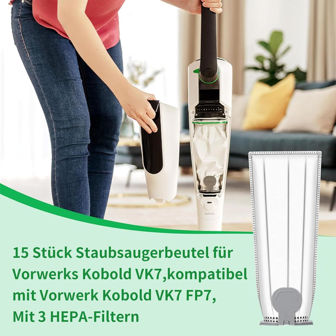 15 Stück Staubsaugerbeutel für Vorwerks Kobold VK7 FP7,Filtertüten für Vorwerk Akkusauger VK7 FP7,Er