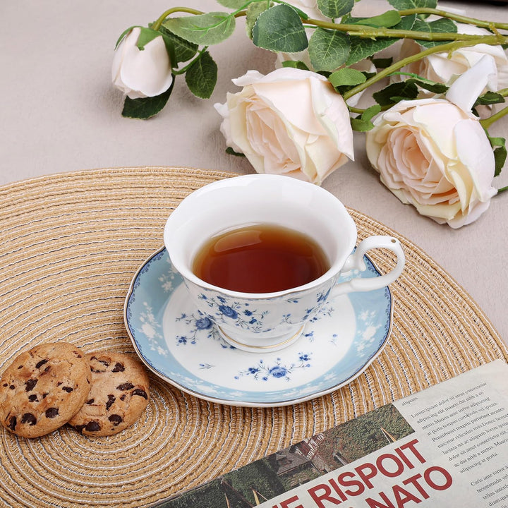 fanquare Blaues Blumenmuster-Teetassen- und Untertassen-Set, 6-teilig, elegante britische Porzellan-