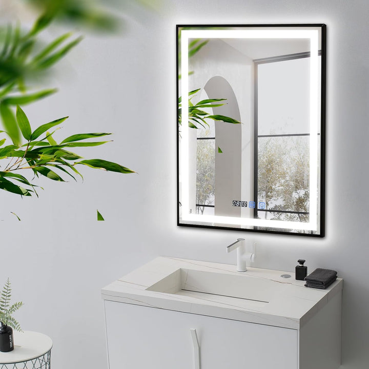 YOURLITE Badspiegel mit Beleuchtung 60x80cm, Badezimmerspiegel mit Beleuchtung LED mit Uhr, 3 Lichtf