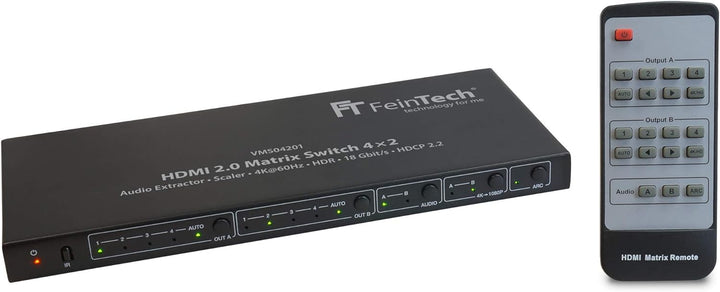FeinTech VMS04201 HDMI Matrix Switch 4x2 mit Audio Extractor Scaler Ultra-HD 4K 60Hz HDR 2x4, mit AR