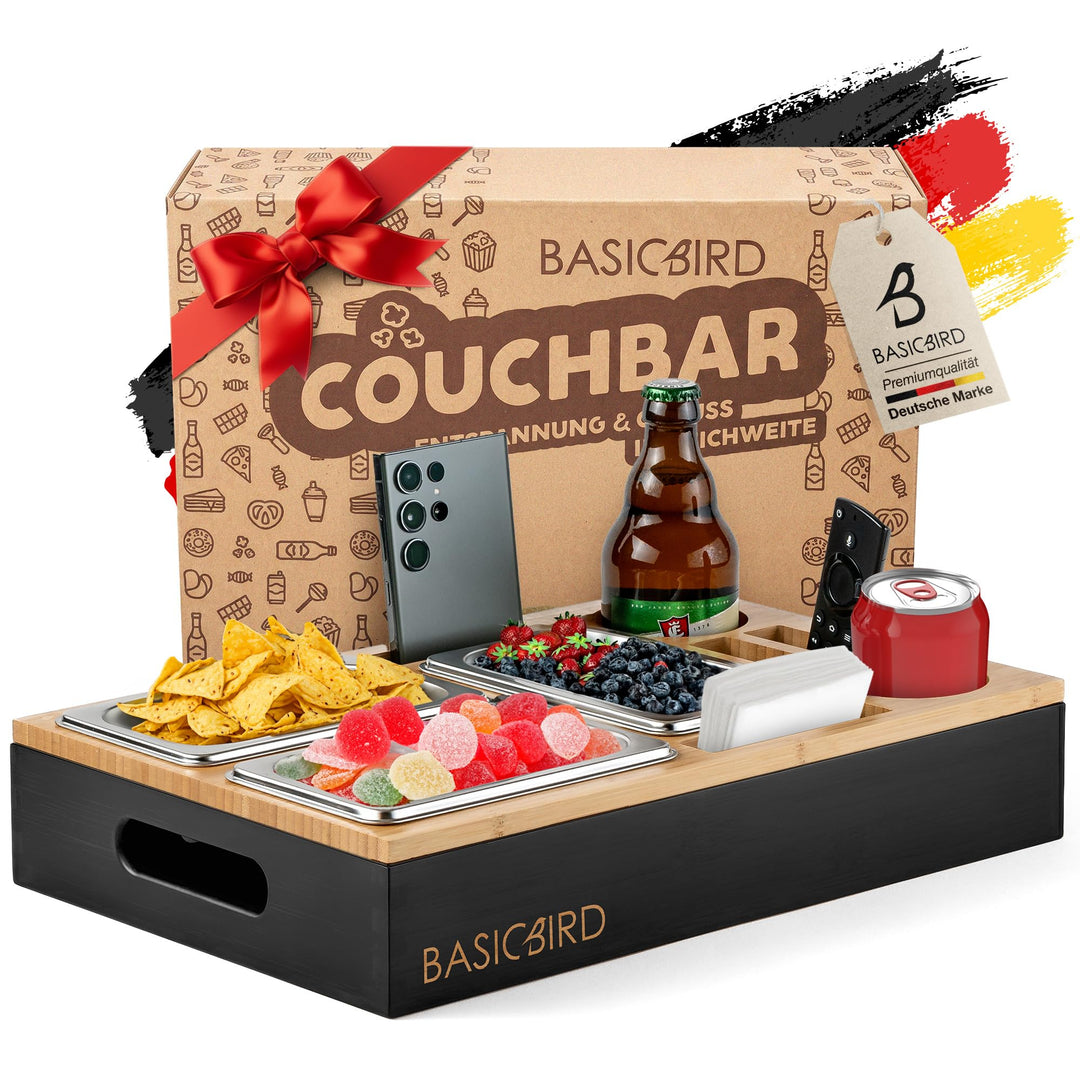 Couchbar Snackbox - Organizer Tablett- Snackspender mit 3X Snackschale - Holz Sofatablett für Sofa,