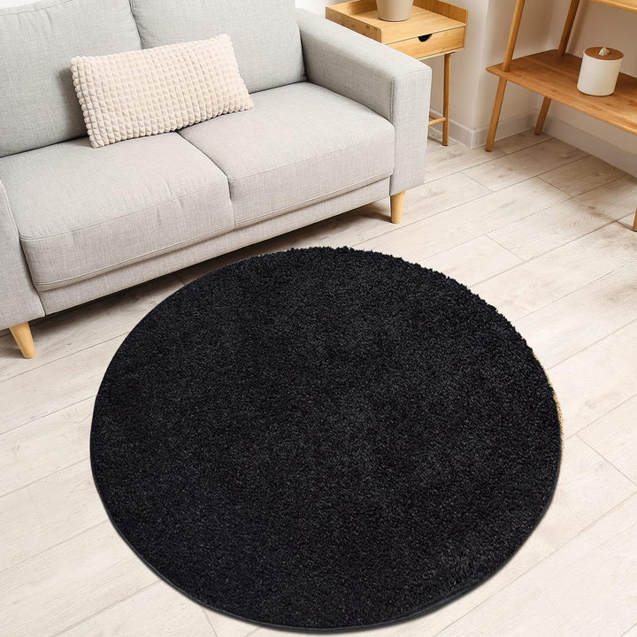 payé Teppich Rund Hochflor Shaggy - 200x200cm - Schwarz Einfarbig Uni Flauschig Modern Boho Wohnzimm