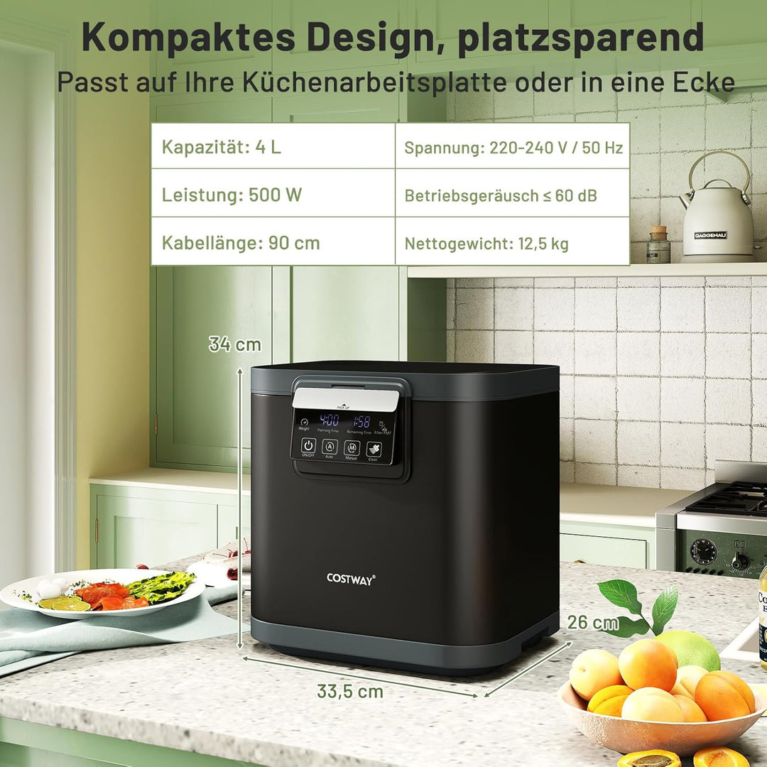 COSTWAY 4 L Elektrischer Komposter, Küchenkomposter mit Deckel, 2 Aktivkohlefilterbox & LED-Anzeige,