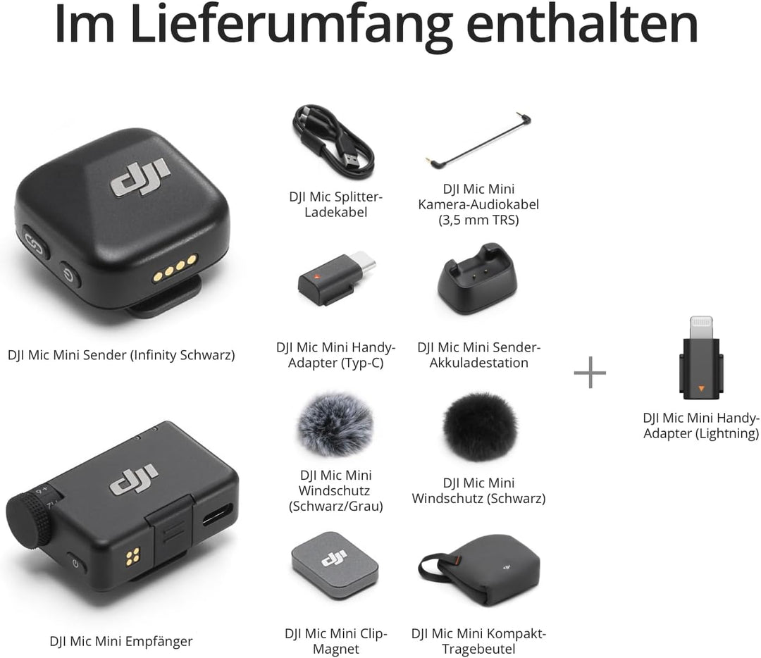 DJI Mic Mini (1 Sender + 1 Empfänger) mit Mic Mini Handy-Adapter (Lightning), Ultraleicht, Detailrei