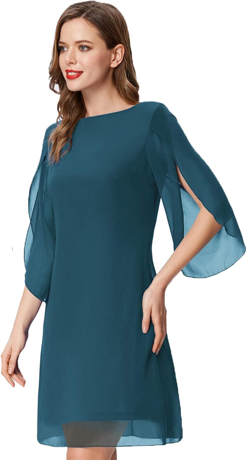 GRACE KARIN Damen Kleid Elegant Chiffon Kleid 3/4 Ärmel Loose Abend Cocktailkleid S Pfauenblau, S Pf