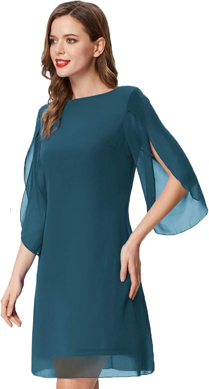 GRACE KARIN Damen Kleid Elegant Chiffon Kleid 3/4 Ärmel Loose Abend Cocktailkleid M Pfauenblau, M Pf