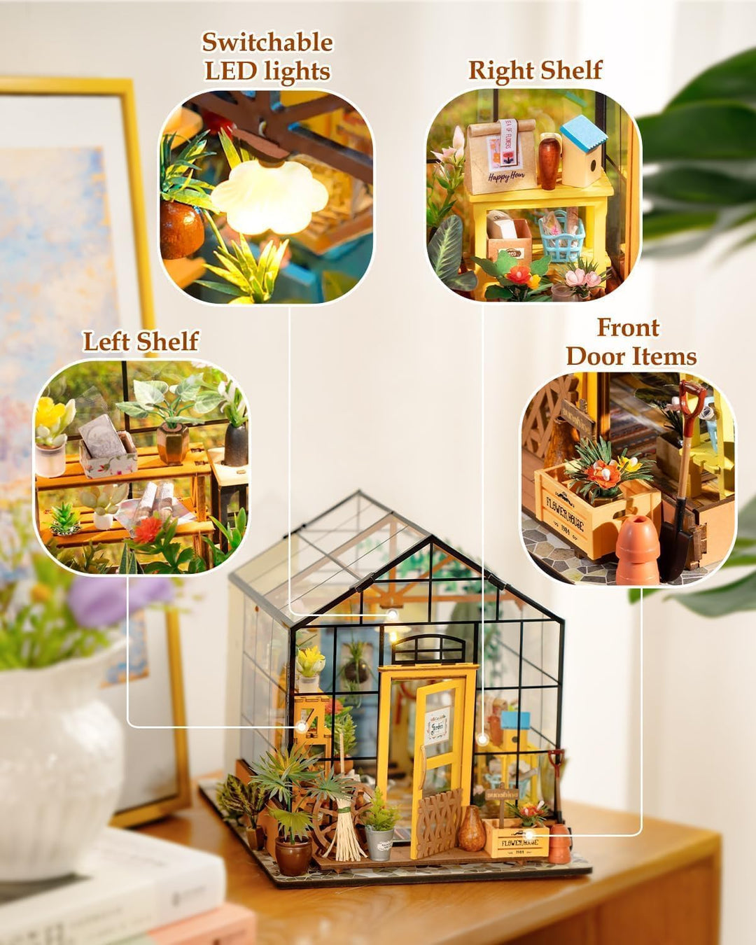 RoWood DIY Miniatur Haus Puppenhaus Gewächshaus mit Licht, DIY Mini Holz Haus Modell Set, Bastelset
