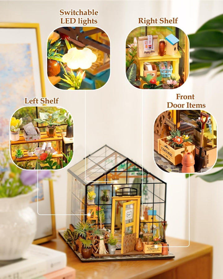 RoWood DIY Miniatur Haus Puppenhaus Gewächshaus mit Licht, DIY Mini Holz Haus Modell Set, Bastelset