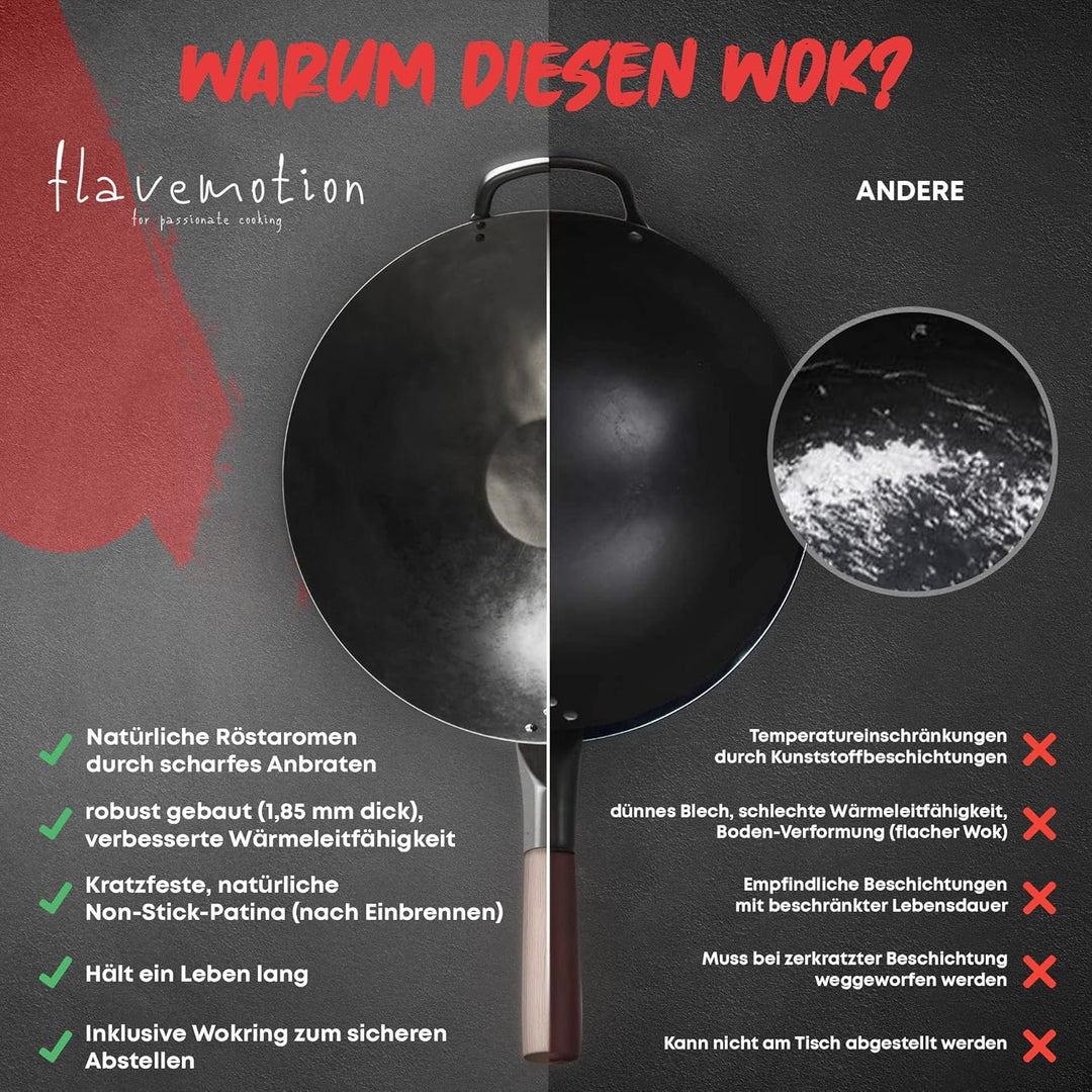 Flavemotion Wok mit Wokring für Induktion, E-Herd (Flacher Boden, 36 cm gross) VOREINGEBRANNT handge
