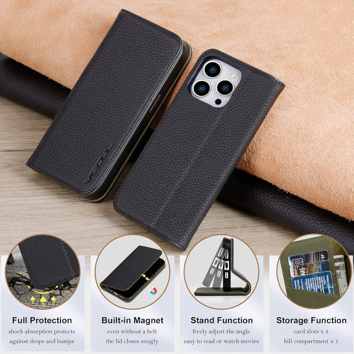 VISOUL iPhone 14 Pro Hülle, Handyhülle iPhone 14 Pro [100% Echtleder] [3 Kartenfächer] [Verdichtes T