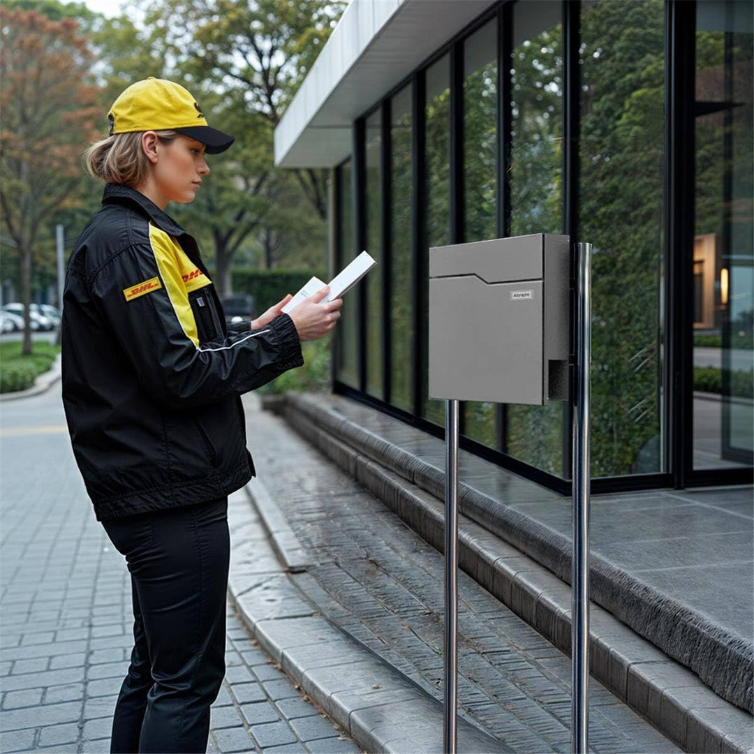 Metzler Standbriefkasten in Graualuminium - Pulverbeschichtet & mit Zeitungsfach - Inkl. Edelstahl S