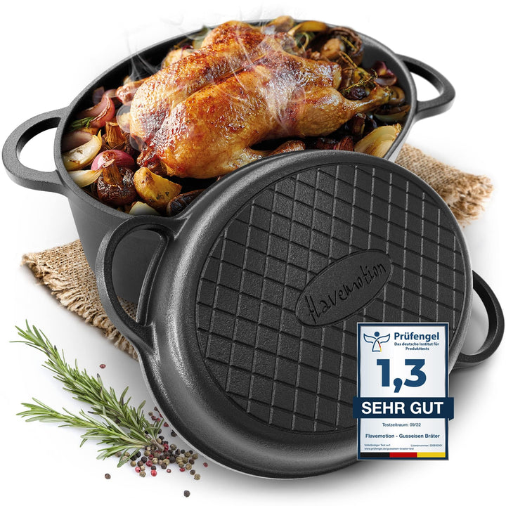FLAVEMOTION Gusseisen Bräter mit Deckel als Grillpfanne (2in1) 35cm, 9,1L, 8,5kg - Topf, Schmortopf