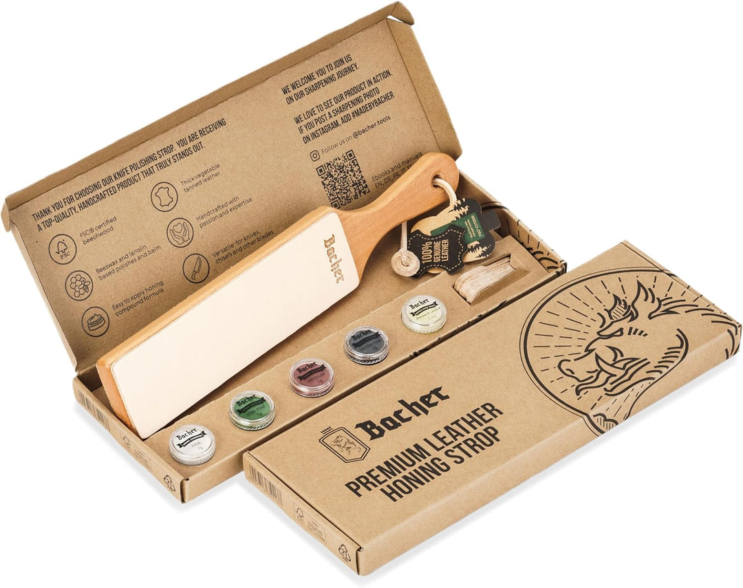 BACHER Premium Leder Streichriemen Abziehleder für Messer set mit 4 x 7g Polierpaste. Paddelgriff au