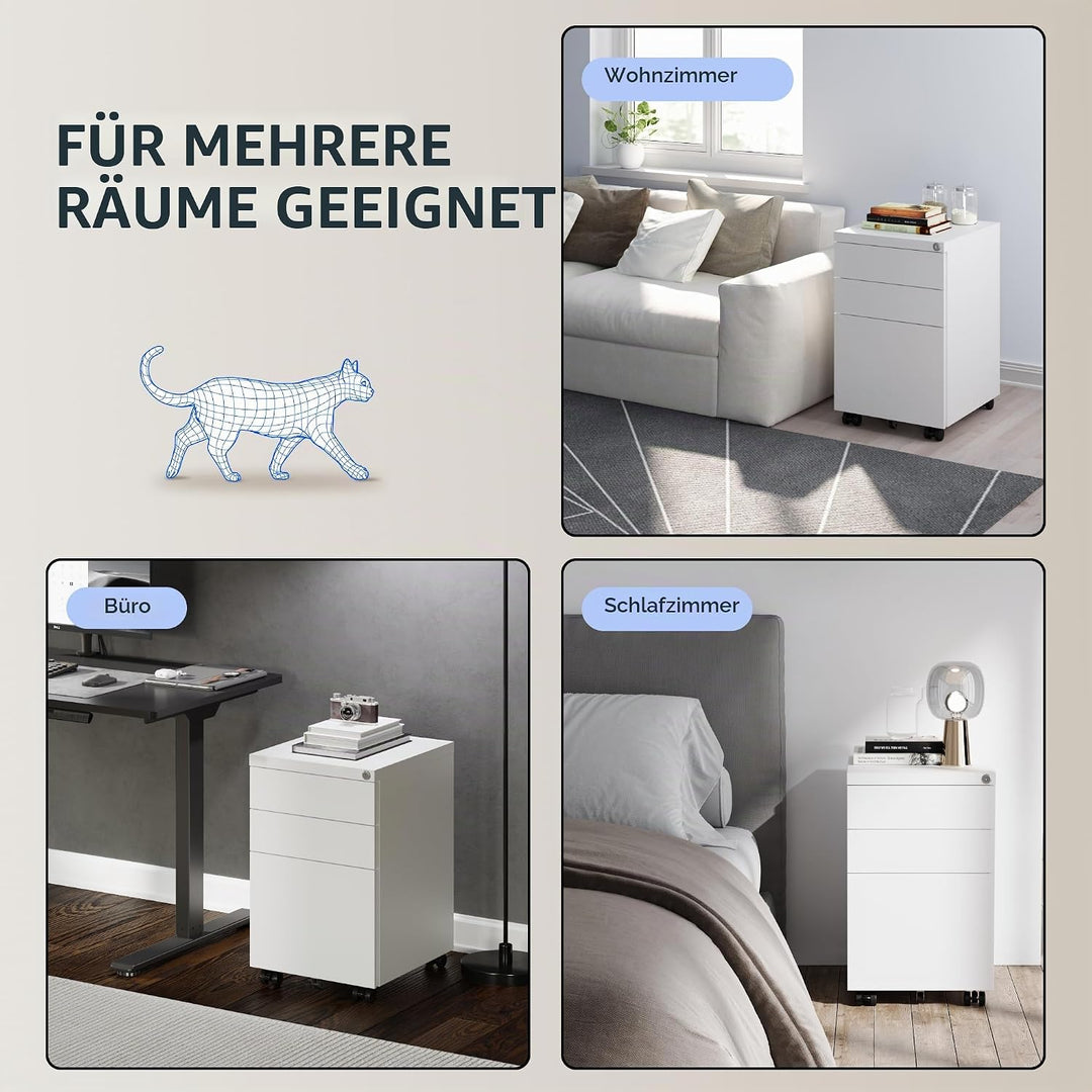 FLEXISPOT Rollcontainer mit 3 Schubladen, mobiler Aktenschrank mit Rollen, Schubladenschrank Bürosch