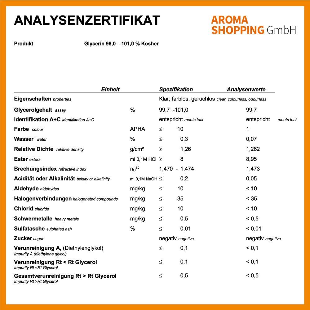GLYCERIN 99,5% REIN | Lebensmittelzusatz für Lebensmittel und Kosmetika | Vegan und Feuchtigkeitsspe